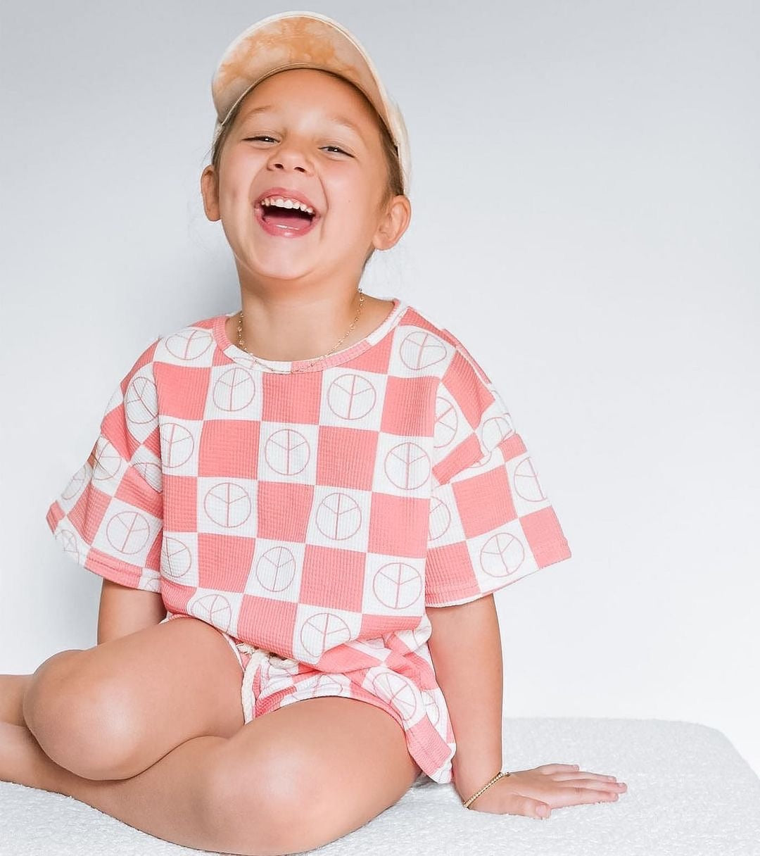 Checkered Waffle Shorts Set - Watermelon