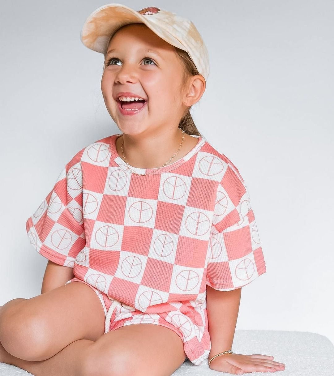 Checkered Waffle Shorts Set - Watermelon