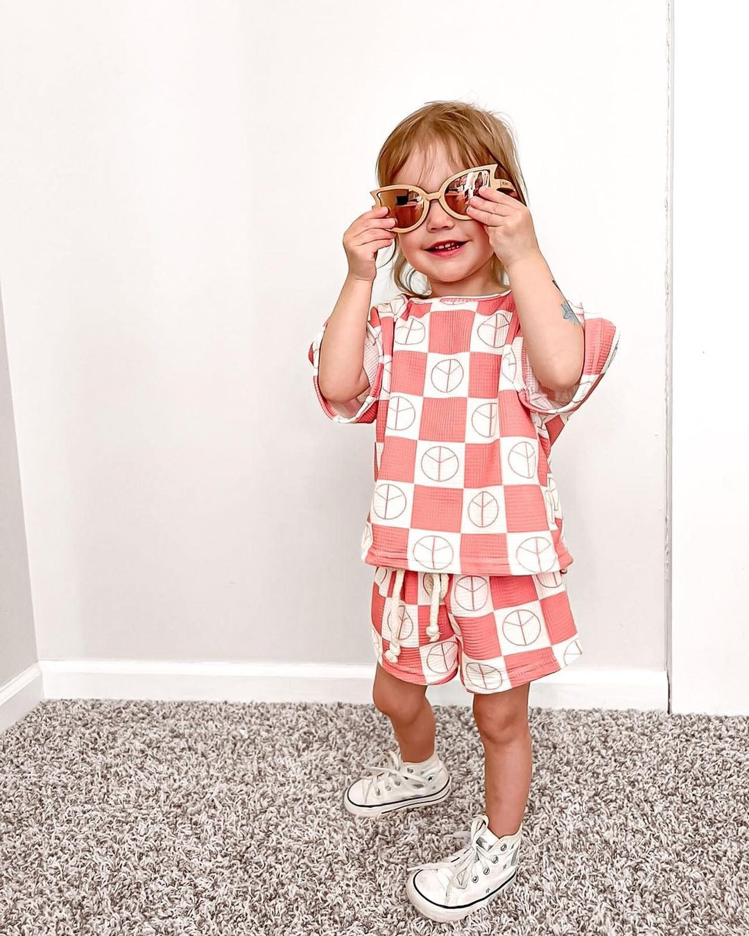 Checkered Waffle Shorts Set - Watermelon
